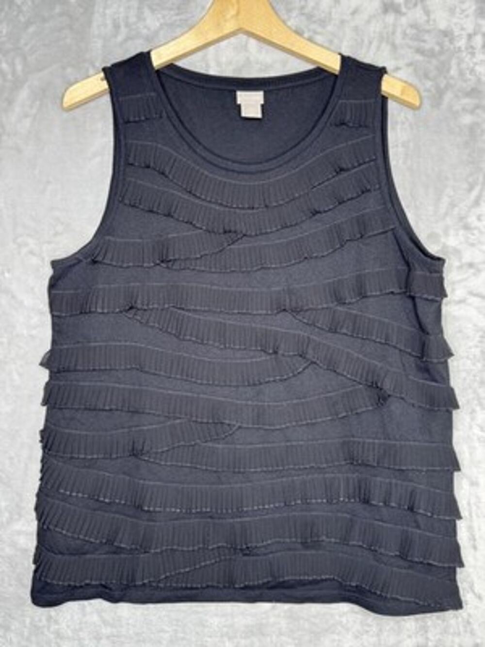 Chico's Tank Top Womens L Black Pleated Ruffle Scoop Neck Jersey Knit Stretch